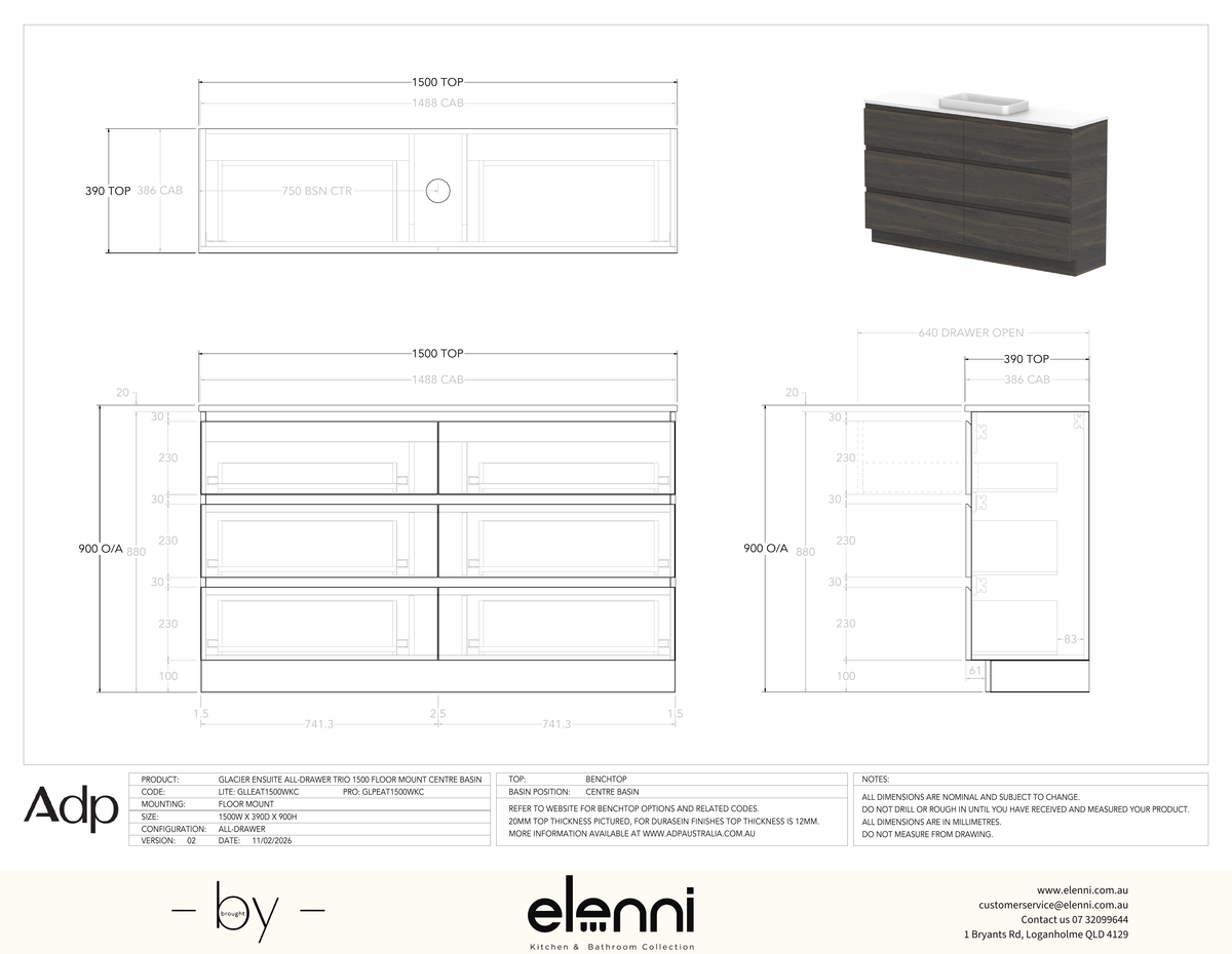 Glacier Ensuite, All-Drawer 1500 Trio FM, Benchtop Centre Bowl - Elenni specification drawing