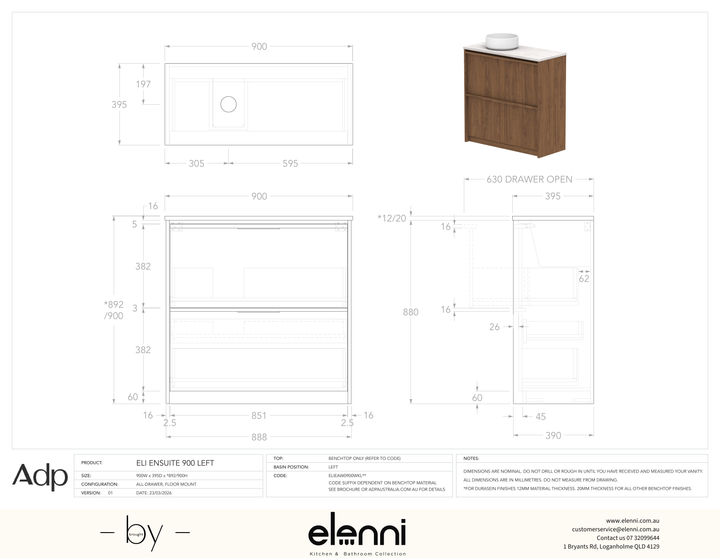 Eli Ensuite 900 Floor Mount Left Offset, Elenni specification drawing