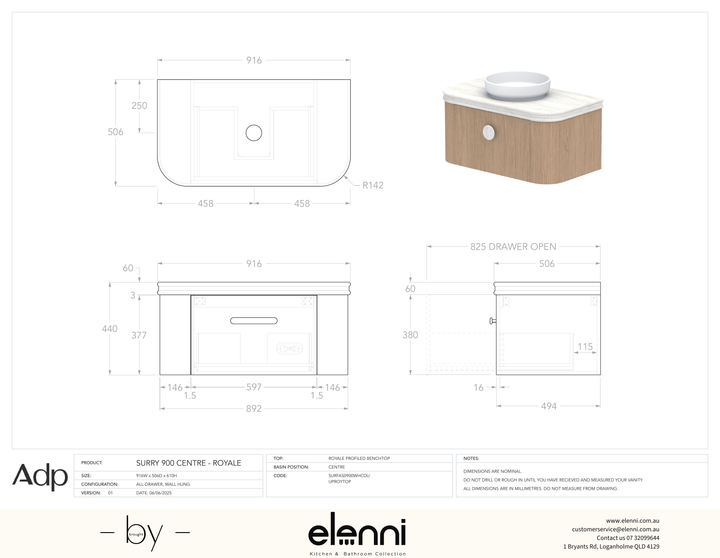 Surry 900, Royale, Centre Bowl, Elenni specification drawing