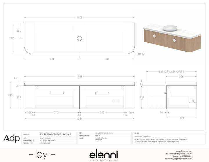 Surry 1800, Royale, Centre Bowl, Elenni specification drawing