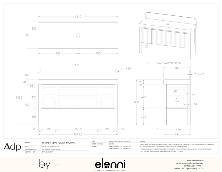 Harper 1500 With Legs (Floor Mount) Centre, Elenni specification drawing