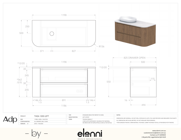 Thea 1200, Benchtop, Left Offset Bowl, Elenni specification drawing