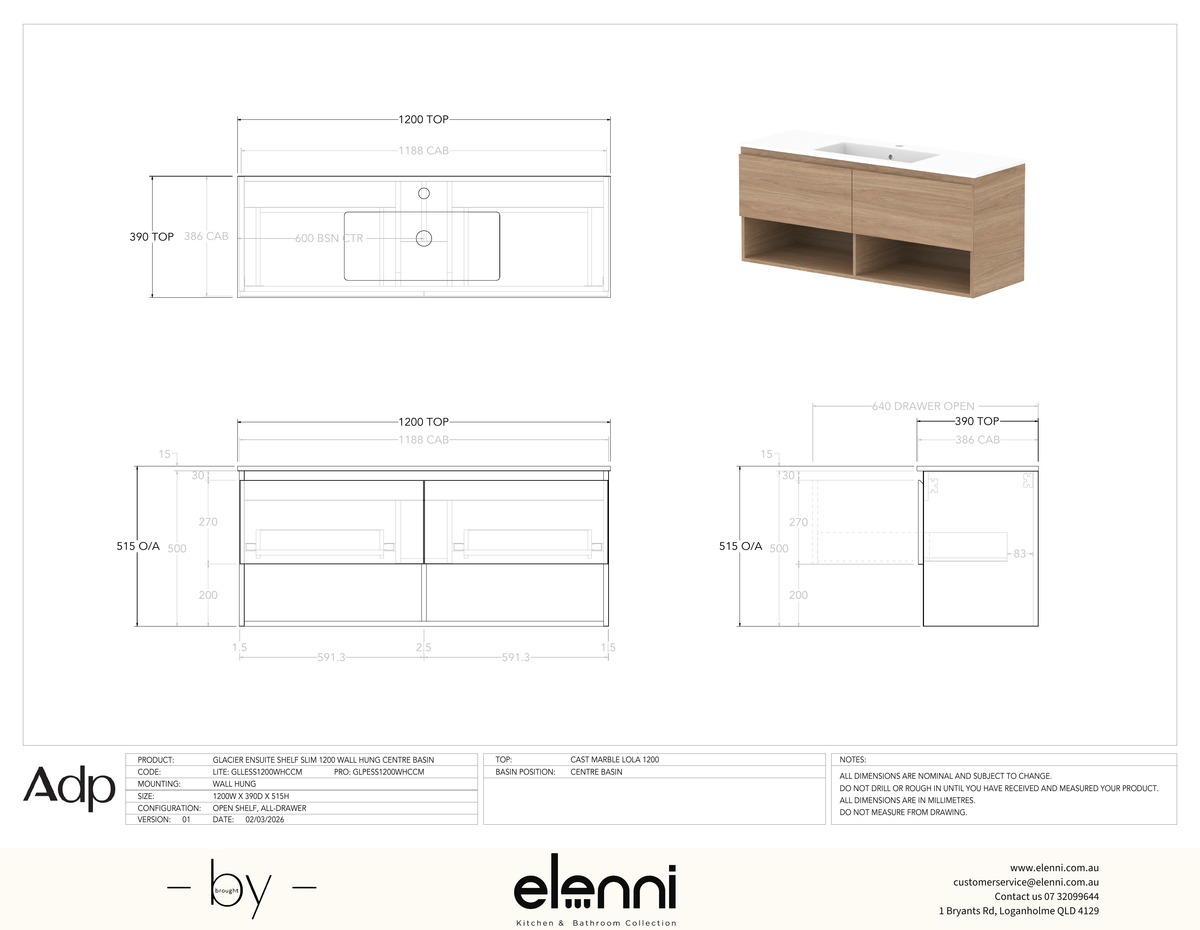 Glacier Ensuite, Shelf 1200 Slim WH, Cast Marble Centre Bowl - Elenni specification drawing