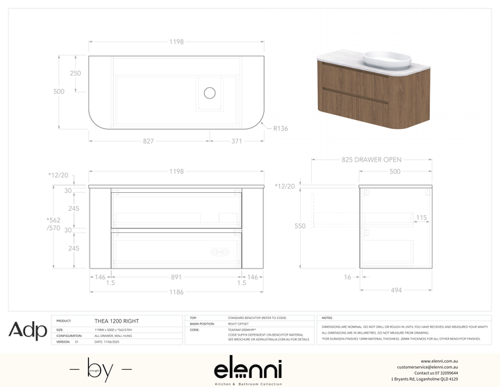 Thea 1200, Benchtop, Right Offset Bowl, Elenni specification drawing