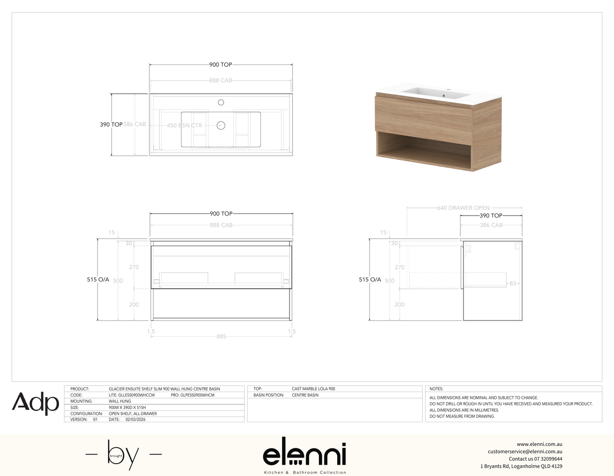 Glacier Ensuite, Shelf 900 Slim WH, Cast Marble Centre Bowl - Elenni specification drawing