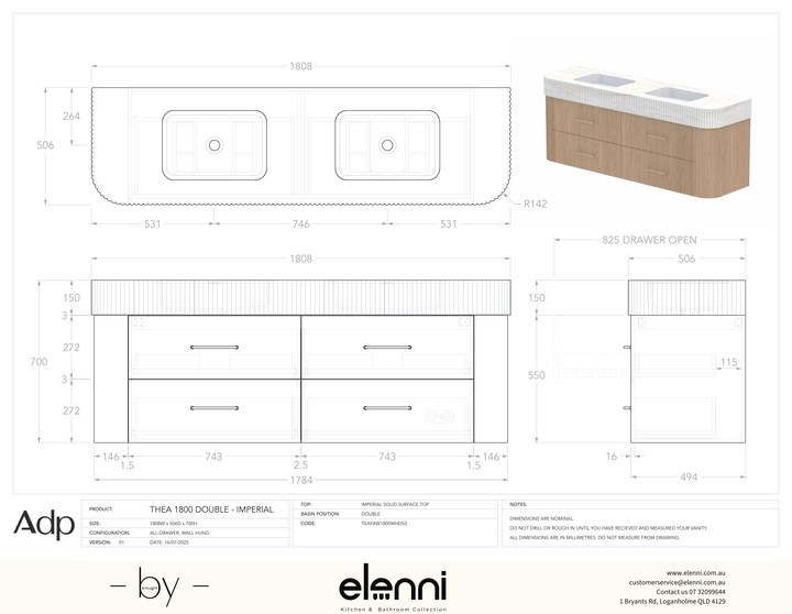 Thea 1800, Imperial, Double Bowl, Elenni specification drawing