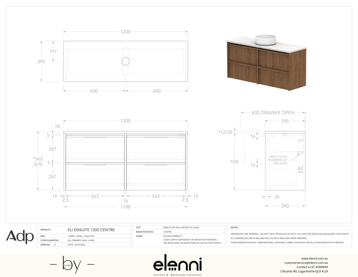 Eli Ensuite 1200 Wall Hung Centre, Elenni specification drawing