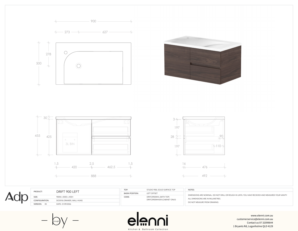 Drift 900mm Left - Elenni specification drawing