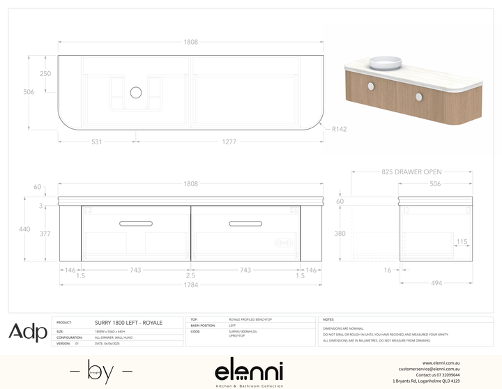 Surry 1800, Royale, Left Offset Bowl, Elenni specification drawing