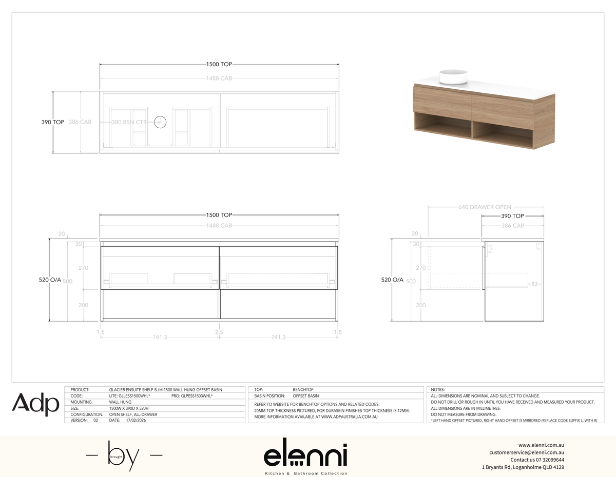 Glacier Ensuite, Shelf 1500 Slim WH, Benchtop Offset Bowl - Elenni specification drawing