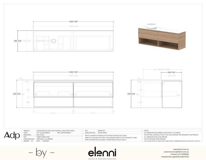 Glacier Ensuite, Shelf 1500 Slim WH, Benchtop Offset Bowl - Elenni specification drawing