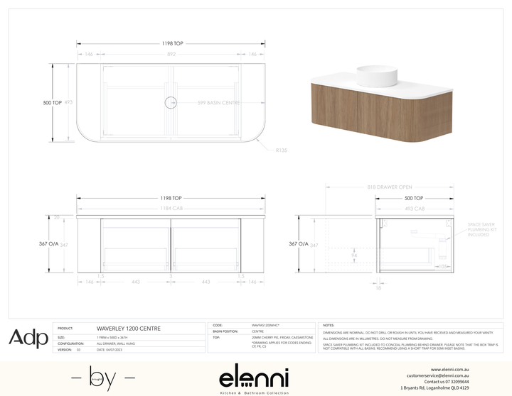 Waverley 1200mm Centre, Elenni specification drawing
