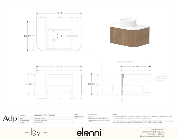 Waverley 750mm Centre, Elenni specification drawing