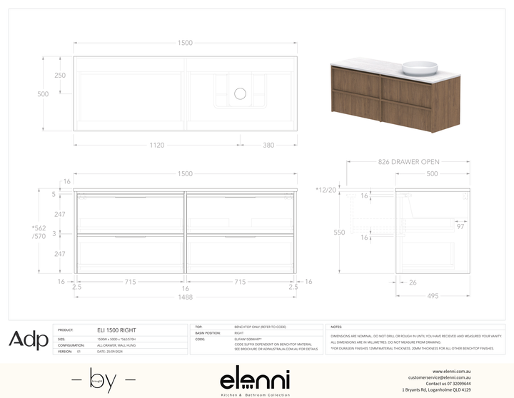 Eli 1500 Wall Hung Right Offset, Elenni specification drawing