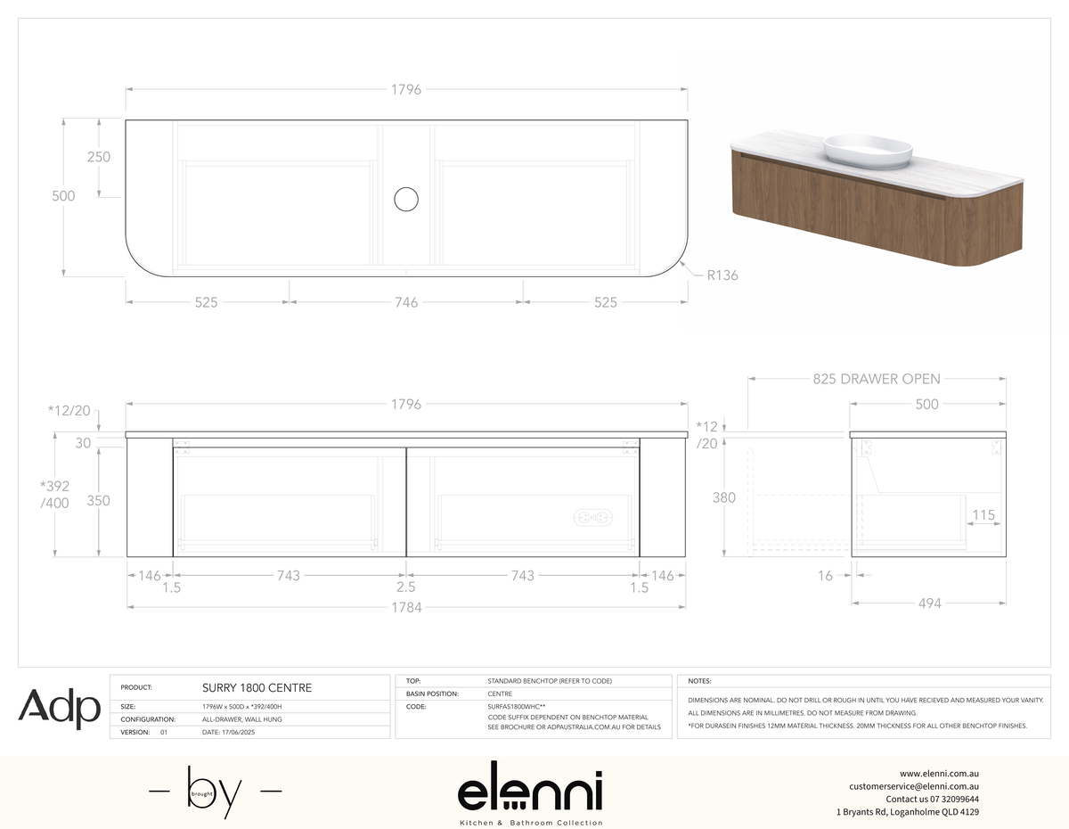 Surry 1800, Benchtop, Centre Bowl, Elenni specification drawing