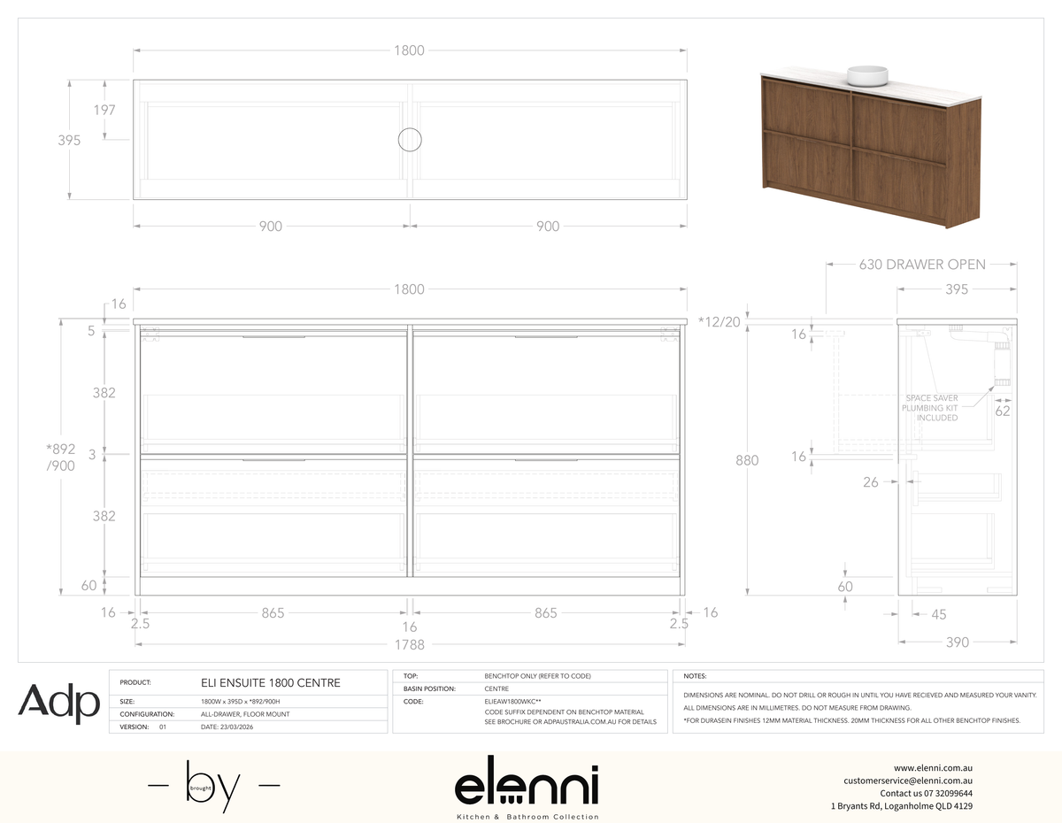 Eli Ensuite 1800 Floor Mount Centre, Elenni specification drawing