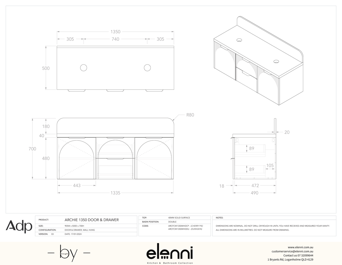 Archie 1350 Door and Drawer Double, Elenni specification drawing