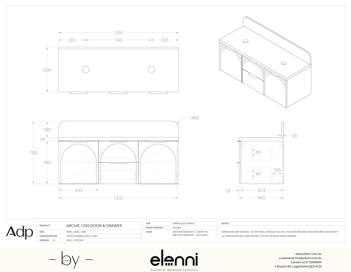 Archie 1350 Door and Drawer Double, Elenni specification drawing