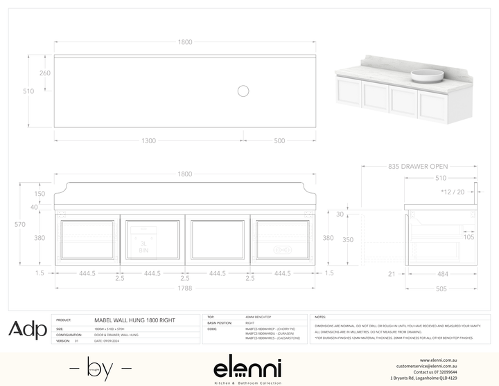 Mabel 1800 Wall Hung Right Offset, Elenni specification drawing