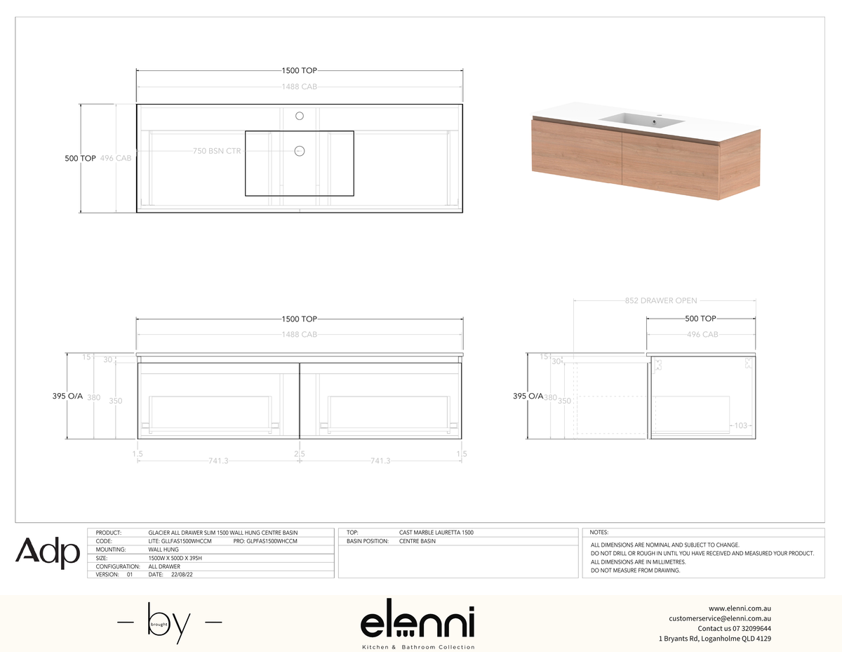 Glacier FD, All Drawer, 1500 Slim WH, Cast Marble Centre Bowl - Elenni specification drawing