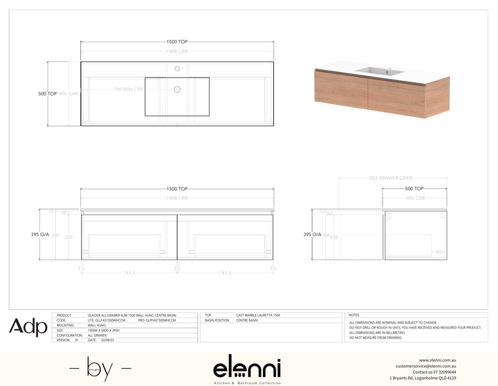 Glacier FD, All Drawer, 1500 Slim WH, Cast Marble Centre Bowl - Elenni specification drawing