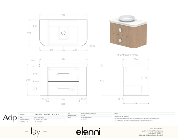 Thea 900, Royale, Centre Bowl, Elenni specification drawing