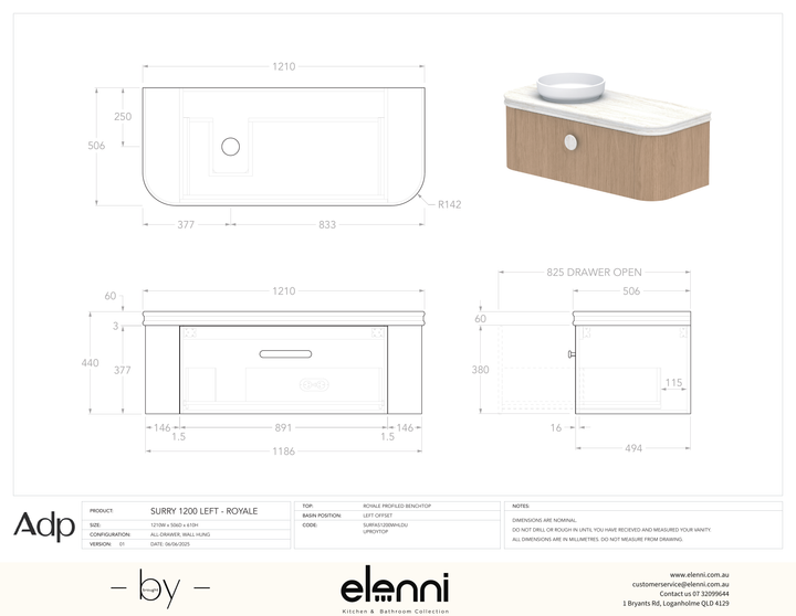 Surry 1200, Royale, Left Offset Bowl, Elenni specification drawing