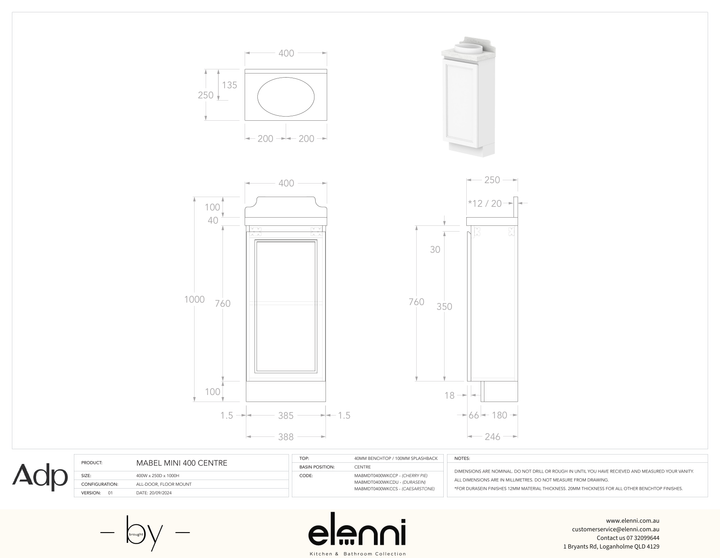 Mabel Mini 400 Floor Mount Centre - Elenni specification drawing