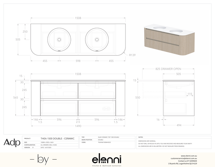 Thea 1500, Ceramic, Double Bowl, Elenni specification drawing