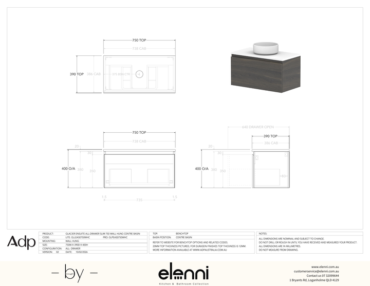Glacier Ensuite, All-Drawer 750 Slim WH, Benchtop Centre Bowl - Elenni specification drawing