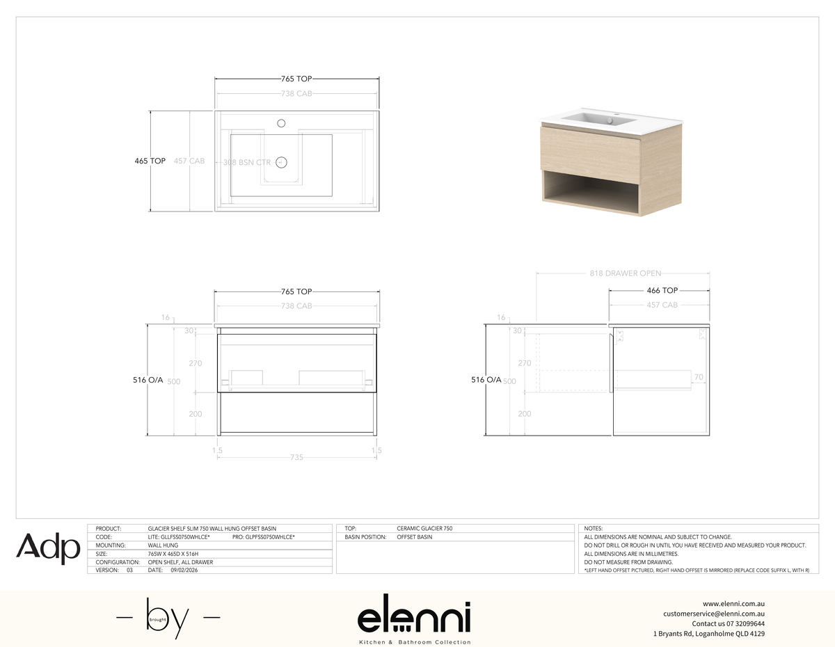 Glacier FD, Shelf, 750 Slim WH, Ceramic Offset Bowl - Elenni specification drawing