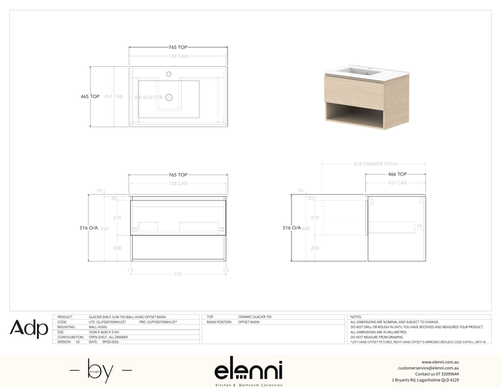 Glacier FD, Shelf, 750 Slim WH, Ceramic Offset Bowl - Elenni specification drawing