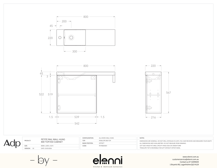 Petite Rail 800 Top/550 Cabinet Wall Hung, Elenni specification drawing