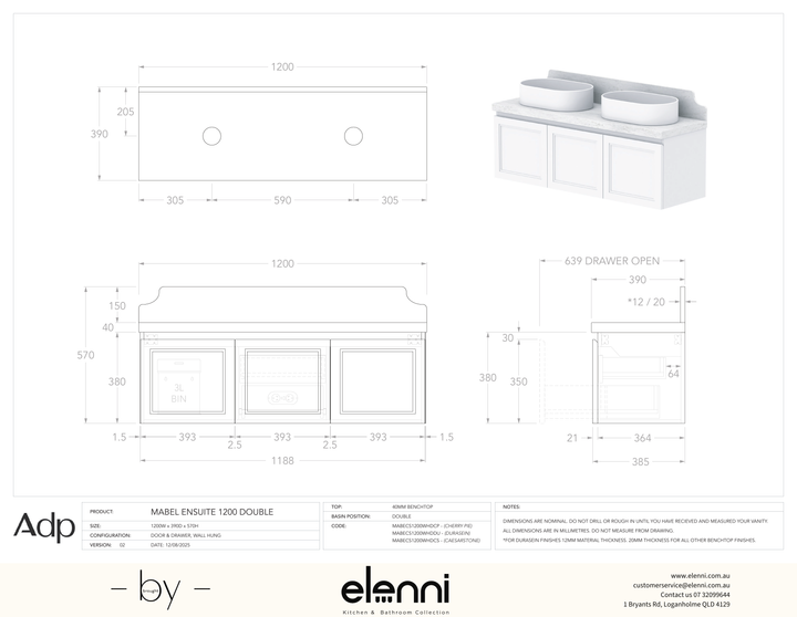 Mabel Ensuite 1200 Wall Hung Double, Elenni specification drawing