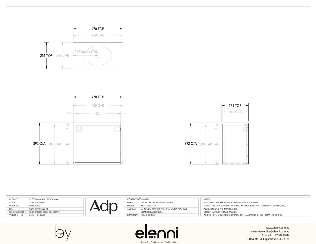 Clifton Mini, Elenni specification drawing