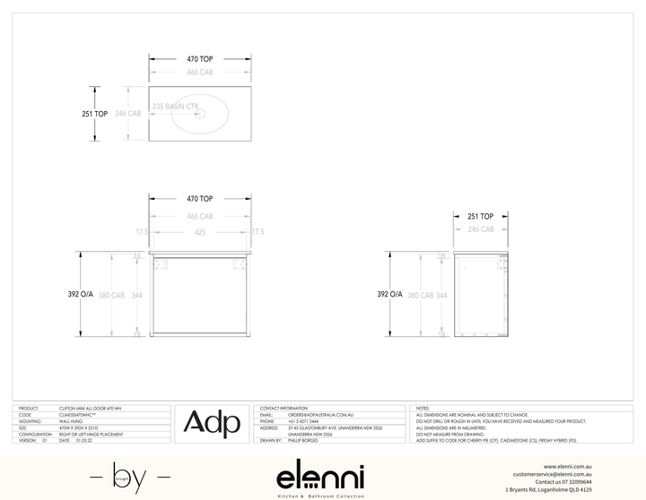 Clifton Mini, Elenni specification drawing