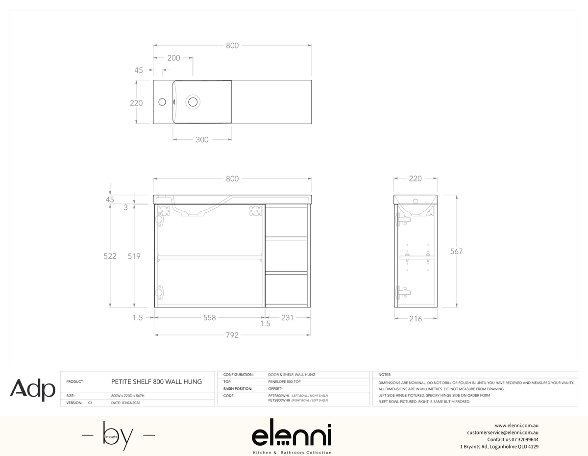 Petite Shelf Wall Hung, Elenni specification drawing