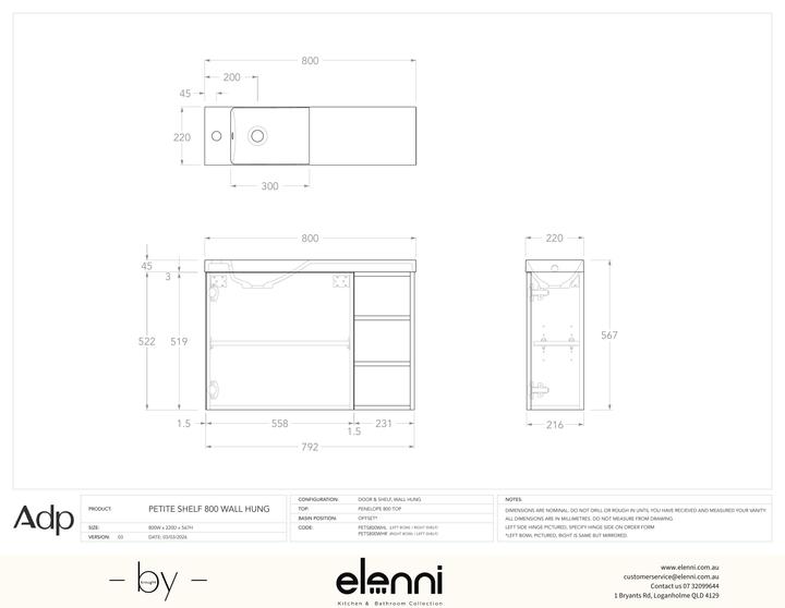 Petite Shelf Wall Hung, Elenni specification drawing