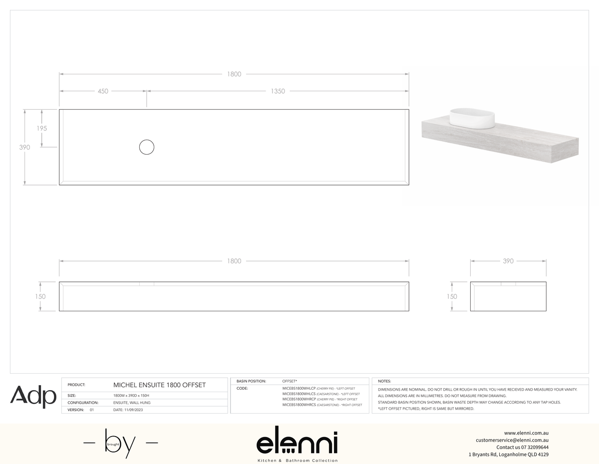 Michel Ensuite 1800 Offset - Elenni specification drawing