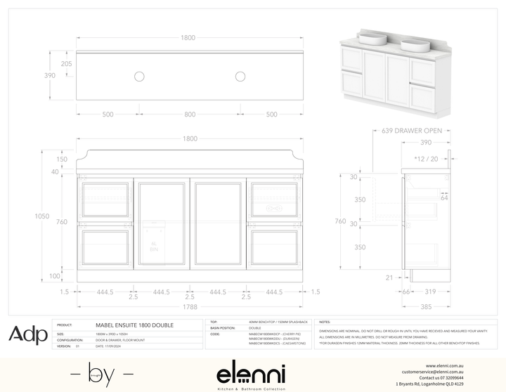 Mabel Ensuite 1800 Floor Mount Double, Elenni specification drawing