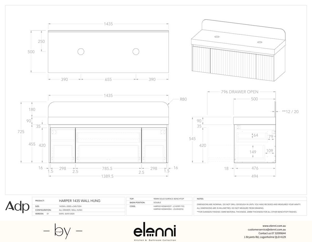 Harper 1435 Wall Hung Double - Elenni specification drawing