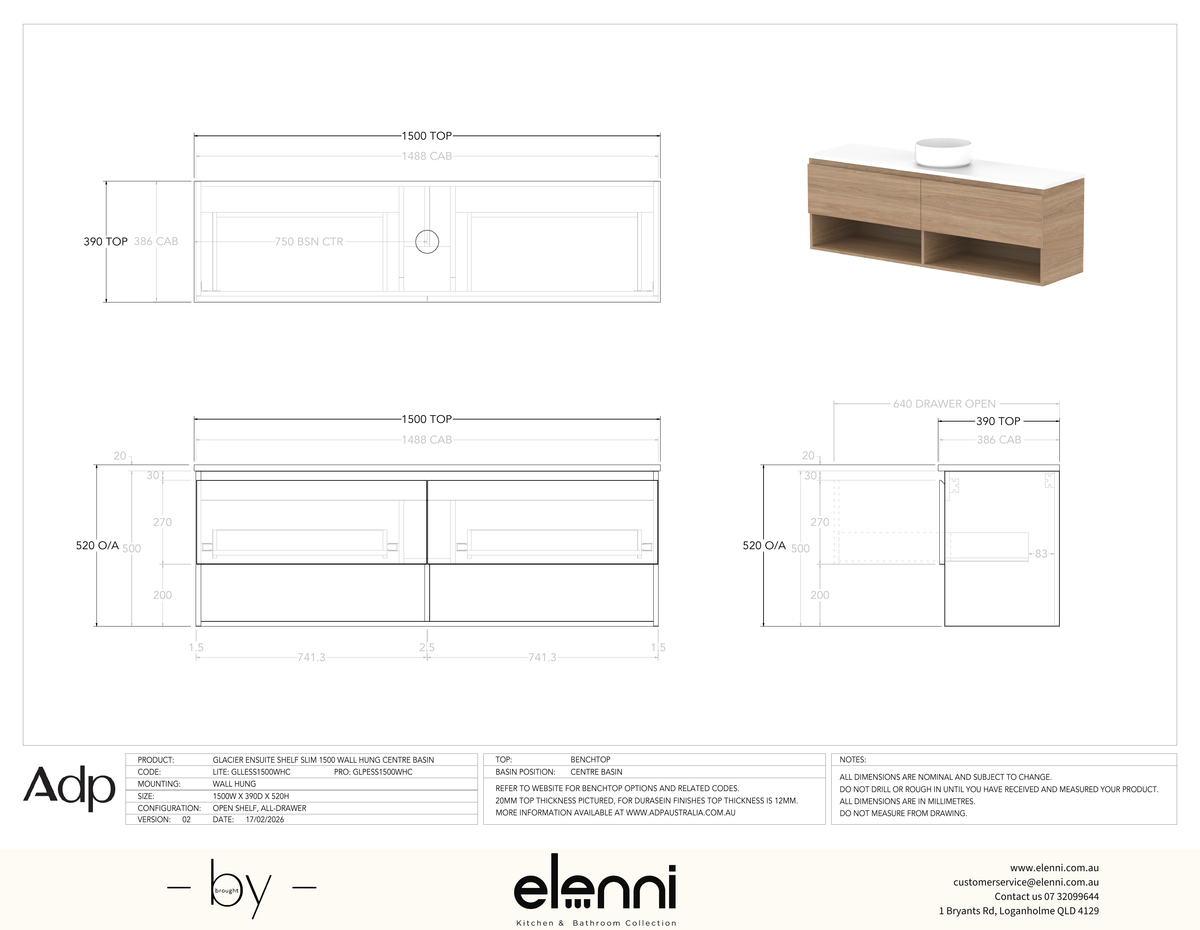 Glacier Ensuite, Shelf 1500 Slim WH, Benchtop Centre Bowl - Elenni specification drawing