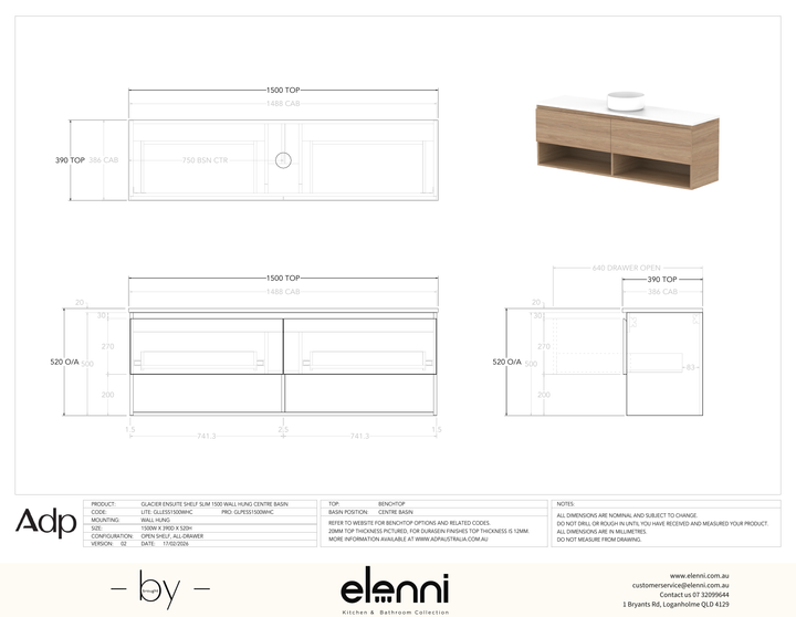 Glacier Ensuite, Shelf 1500 Slim WH, Benchtop Centre Bowl - Elenni specification drawing