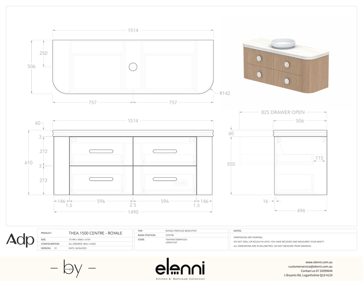 Thea 1500, Royale, Centre Bowl, Elenni specification drawing