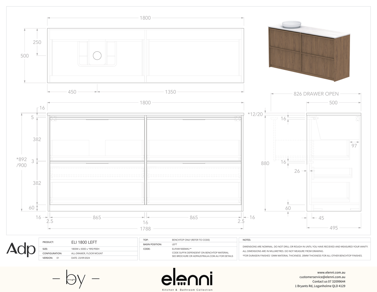 Eli 1800 Floor Mount Left Offset, Elenni specification drawing