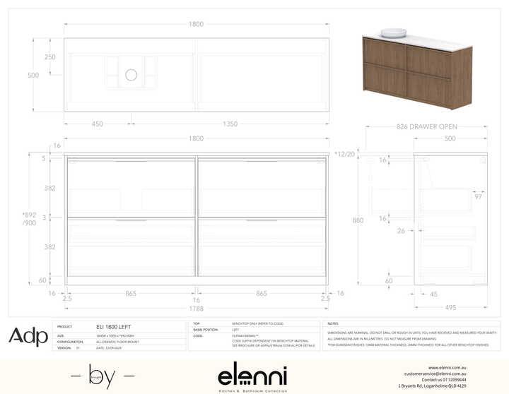 Eli 1800 Floor Mount Left Offset, Elenni specification drawing