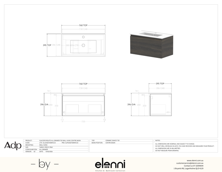 Glacier Ensuite, All-Drawer 750 Slim WH, Ceramic Centre Bowl - Elenni specification drawing