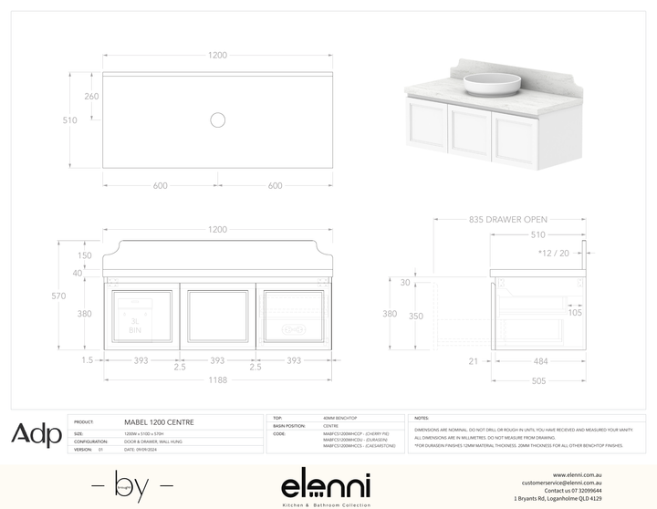 Mabel 1200 Wall Hung Centre, Elenni specification drawing