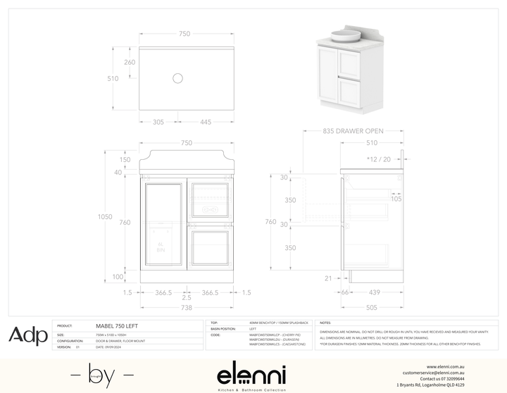 Mabel 750 Floor Mount Left Offset, Elenni specification drawing