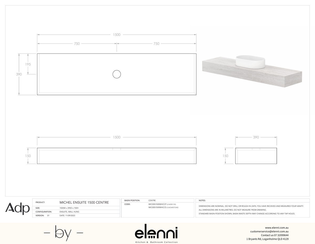Michel Ensuite 1500 Centre - Elenni specification drawing